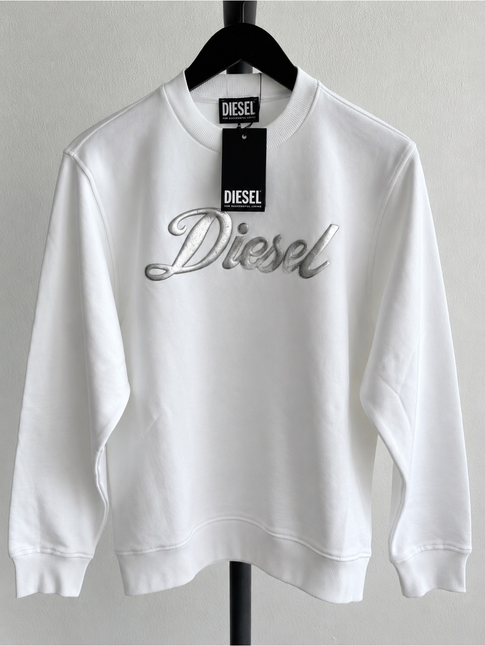 Diesel Women F-Ang-New-Ita Foil Sweatshirt M White Silver Logo NWT